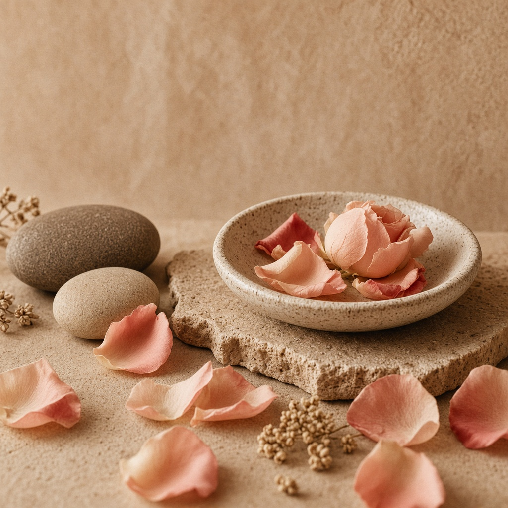 Botanicals and stones beside the facial bowl