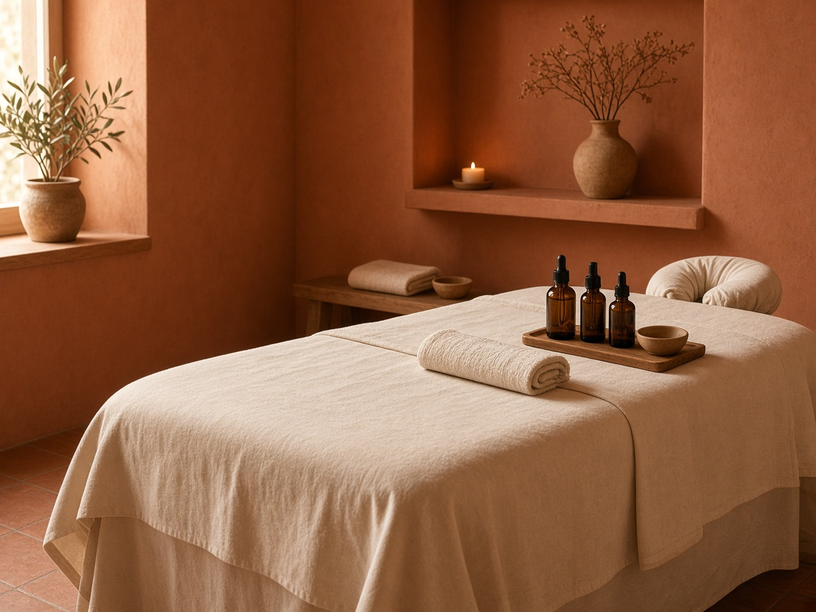 Massage table dressed in cream linen